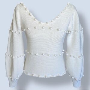 Material Girls White Pom Pom Popcorn Knit Sweater Cotton Pouffy Sleeve Size S